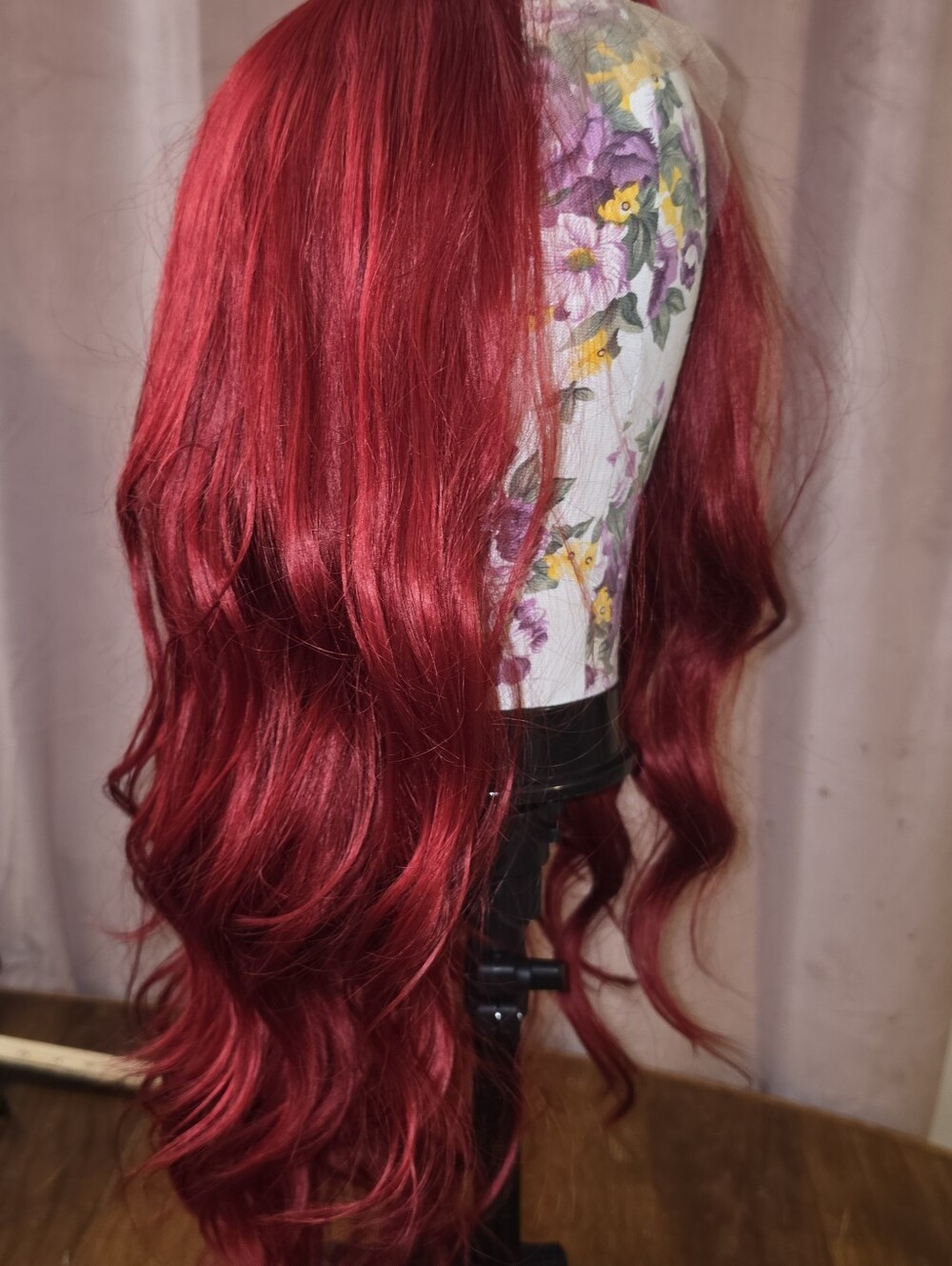 Deep Red Long Wavy Synthetic Wig - Unbranded